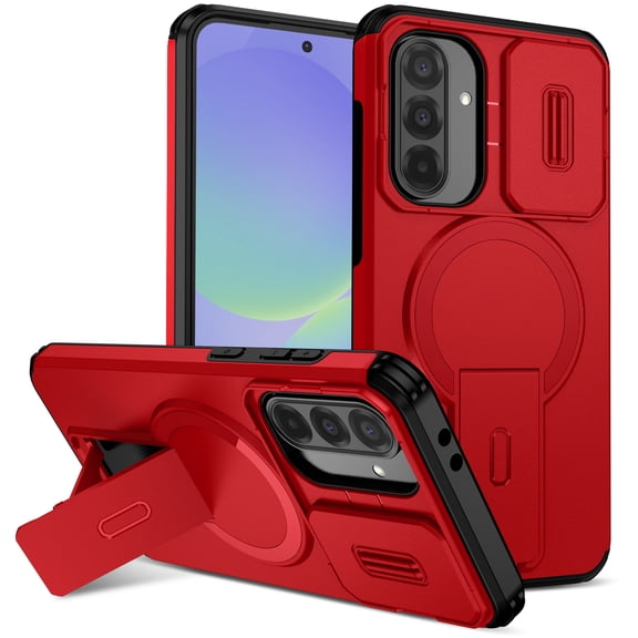 for Samsung Galaxy A16 5G/4G Case with Camera Sliding Cover & Adjustable Kickstand, Magnetic Wireless Charging Rugged Shockproof Bumper Cases Heavy-Duty Magnetic Protective Phone Cover, Red