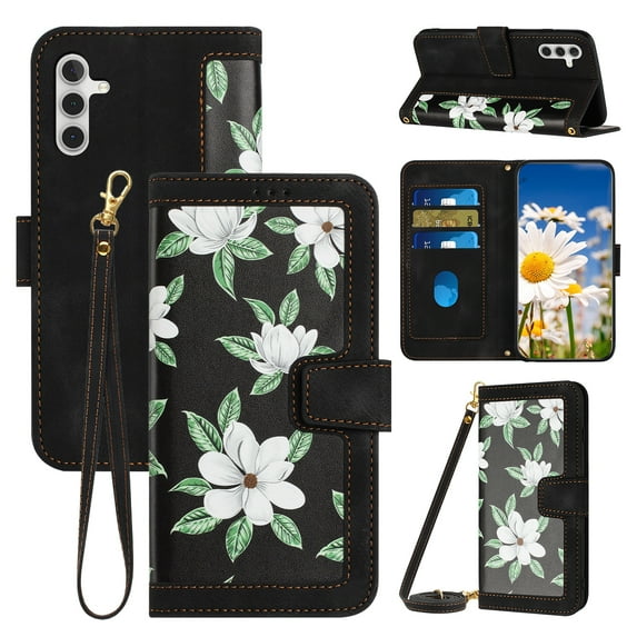 for Samsung Galaxy A16 5G/4G Case, PU Leather Magnetic Closure RFID Blocking Card Slots Kickstand Shockproof Flip Wallet Handbag Flowers Case with Wrist Strap Shoulder Strap for Women & Girls, Black