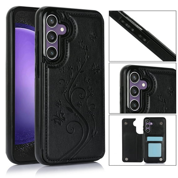 for Samsung Galaxy A16 5G/4G Case Wallet with Card Holder, Floral Flower Pattern Back Flip Folio PU Leather Kickstand Card Slots Case for Women Girls, Double Magnetic Clasp Shockproof Cover, Black