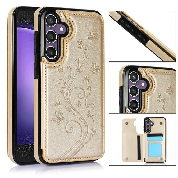for Samsung Galaxy A16 5G/4G Case Wallet with Card Holder, Floral Flower Pattern Back Flip Folio PU Leather Kickstand Card Slots Case for Women Girls, Double Magnetic Clasp Shockproof Cover, Gold