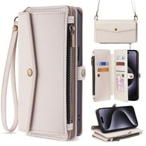 for Samsung Galaxy A16 5G/4G Case Wallet with Card Holder Zipper Bills Slot, Soft PU Leather Detachable Shoulder Strap and Wrist Strap Kickstand for Samsung Galaxy A16 5G/4G Rugged Cover, White