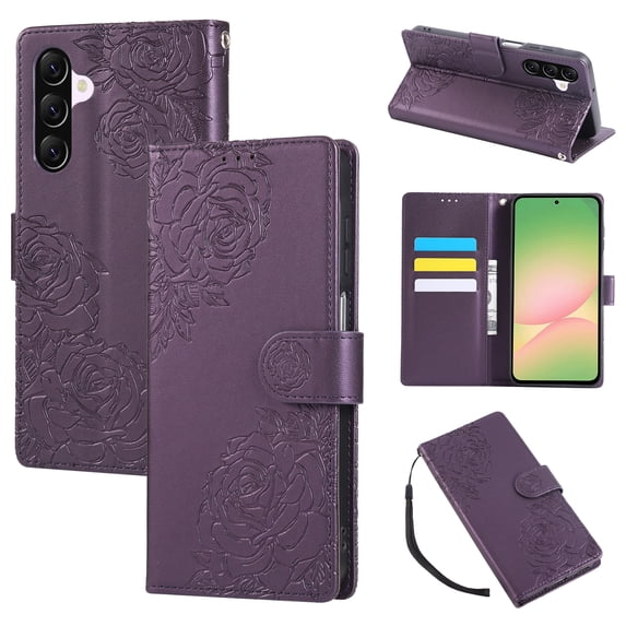 for Samsung Galaxy A16 5G/4G Case Wallet with Floral Embossed Design, Premium PU Leather + TPU, Card Slots Kickstand Magnetic Clasp Wrist Strap Shockproof Full Body Cover for A16 5G/4G, Darkpurple
