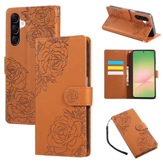 for Samsung Galaxy A16 5G/4G Case Wallet with Floral Embossed Design, Premium PU Leather + TPU, Card Slots Kickstand Magnetic Clasp Wrist Strap Shockproof Full Body Cover for A16 5G/4G, Brown
