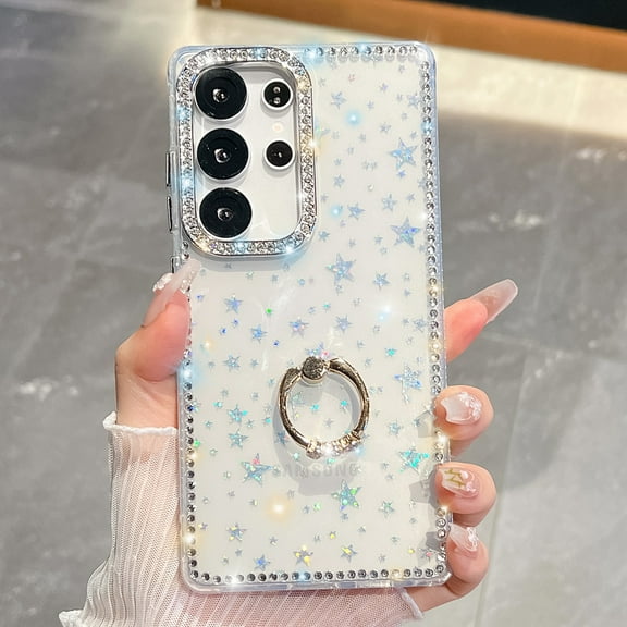 for Samsung Galaxy A16 5G/4G Case for Women, Glitter Back & Diamond Frame, Slim TPU Shockproof Cover with Ring Kickstand, Stylish Sparkly for Girls, Drop Protection Anti-Scratch Phone Case, Star