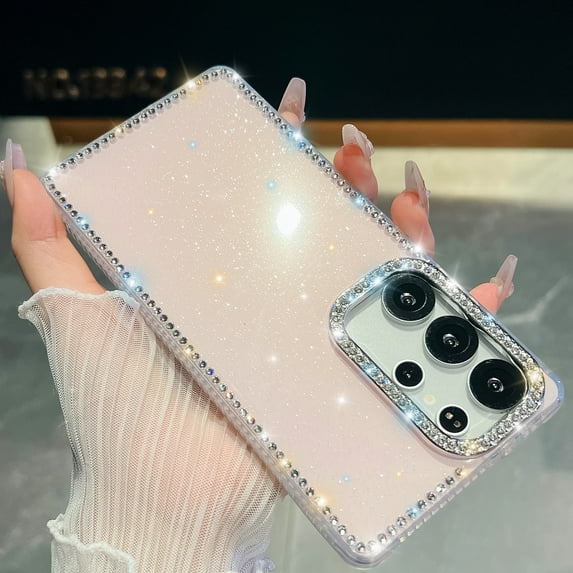 for Samsung Galaxy A16 5G/4G Case for Women, Glitter Back & Diamond Frame, Slim TPU Shockproof Cover Stylish Sparkly for Girls, Luxury Shockproof Drop Protection Anti-Scratch Phone Case, Light Pink
