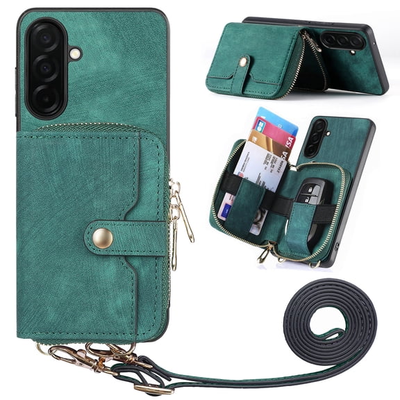for Samsung Galaxy A16 5G/4G Wallet Case, Crossbody Phone Purse with Card Holder for Women, Zipper PU Leather Carrying Cover Gift with Shoulder Strap Kickstand Anti-drop for A16 5G/4G - Green