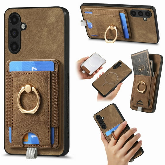 for Samsung Galaxy A16 5G/4G Wallet Case with Detachable Card Holder & 360° Rotation Finger Ring Holder Stand, Shockproof PU Leather Phone case with Card Slot for Men Women for A16 5G/4G, Brown