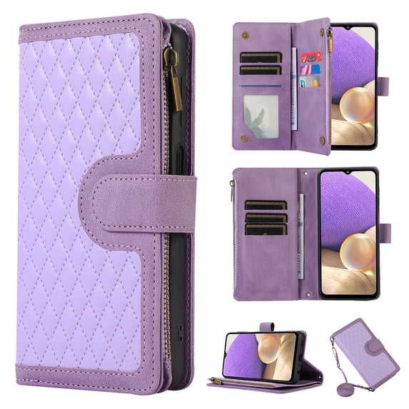 for Samsung Galaxy A16 5G/4G Wallet Case, Heavy Duty Protection Zipper Pocket Card Slot PU Leather Flip Folio Protective Rugged Cover with Wrist Strap + Shoulder Strap for Men Women, Purple