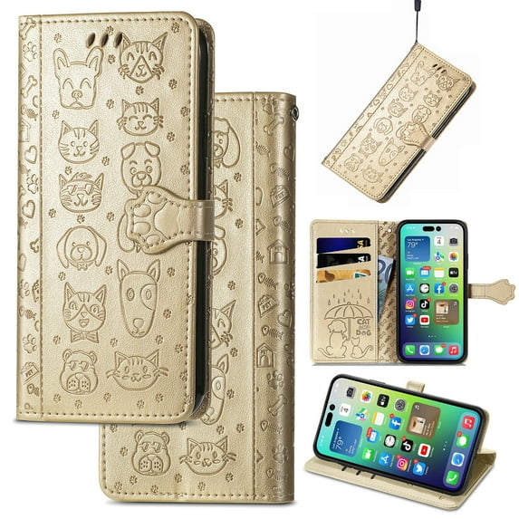 for Samsung Galaxy A16 5G Cartoon Cute Wallet Case, Cat Dog Style Flip with ID Card Holder Premium PU Leather Cases with Wrist Strap, Magnetic Closure Folio Kickstand Cover, Gold