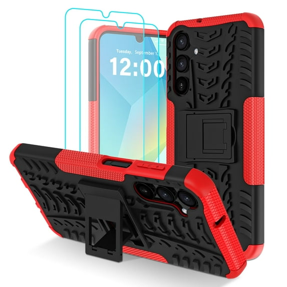 for Samsung Galaxy A16 5G Case with 2 Pack Screen Protector,Military Grade Shockproof, Heavy Duty Robust Bumper Cover with Kickstand for Galaxy A16 5G Phone Case, Red
