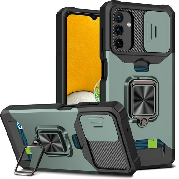 For Samsung Galaxy A16 5G Case with Card Holder & 360° Magnetic Ring Stand Heavy Duty Camera Lens Slide Dual Layer Shockproof Hidden Card Slot Slim Wallet Phone Case Cover for Women Men,Darkgreen