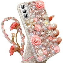 for Samsung Galaxy A16 5G Case,Cute Bling Glitter Sparkle Stunning Stones Diamond Rhinestone 3D Handmade Pearl Rose Flower with Wrist Lanyard for Women Girly for Galaxy A16 (Pink)