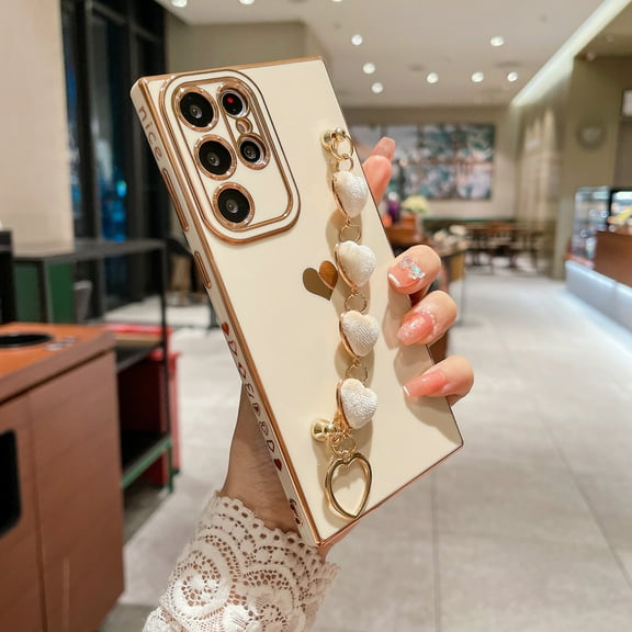 for Samsung Galaxy A16 5G Case Luxury Plating Soft TPU Slim Shockproof Back Case with Love Heart Chain Strap Cute Bumper Protective Phone Cover for Women Grils For Samsung Galaxy A16 5G,
White