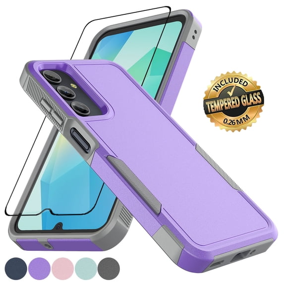 For Samsung Galaxy A16 5G Case with Tempered Glass Screen Protector, Tekcoo Shockproof Heavy Duty Military Grade Drop Protection Dual Layer Rugged Phone Case Cover for Galaxy A16 5G, Purple