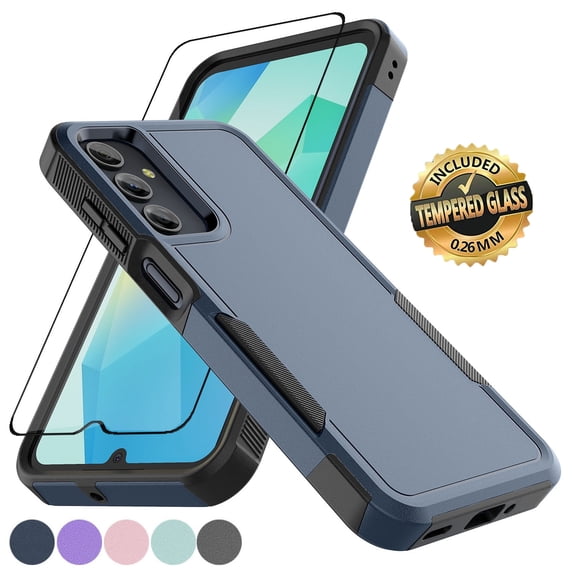 For Samsung Galaxy A16 5G Case with Tempered Glass Screen Protector, Tekcoo Shockproof Heavy Duty Military Grade Drop Protection Dual Layer Rugged Phone Case Cover for Galaxy A16 5G, Deep Blue