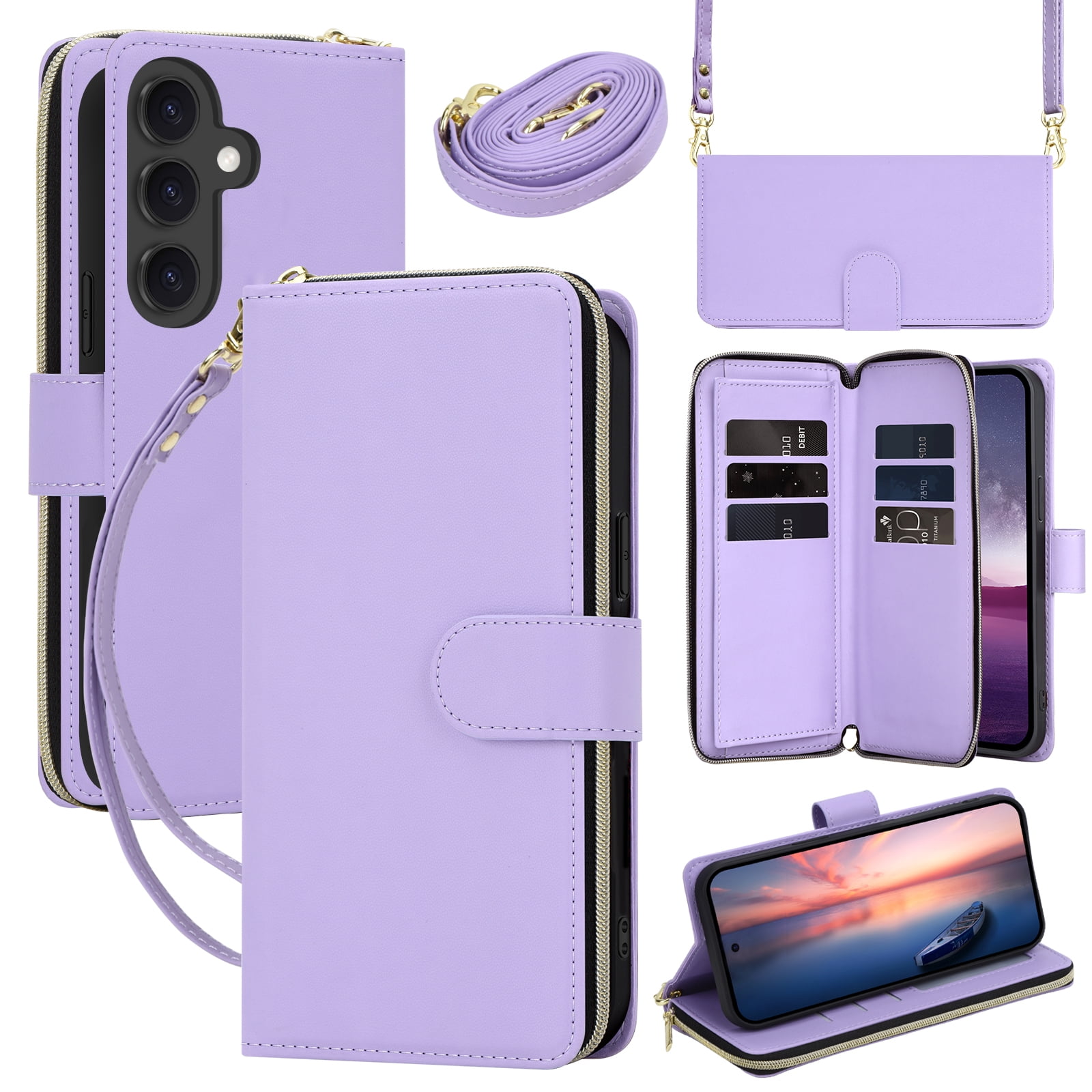 for Samsung Galaxy A16 5G Crossbody Wallet Case with 9 Card Holders, Cash Slot, Photo Slot, Zipper Pocket PU Leather Magnetic Snap Wallet Phone Case with Flip Stand & Wrist Strap & Lanyard, Purple