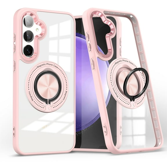 for Samsung Galaxy A16 5G Crystal Clear Case with Mag-Safe, Slim Protective Military Grade Shockproof Cover with Multi-function Rotation Ring Kickstand, Support Magnetic Car Mount Case, Pink