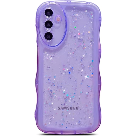 for Samsung Galaxy A16 5G Phone Case 6.7" Glitter Clear Bling Shiny Star Sequin Transparent Matte Cute Curly Wavy Non-Slip Camera Lens Protect Soft Silicone Aesthetic Cover for Women (Purple)