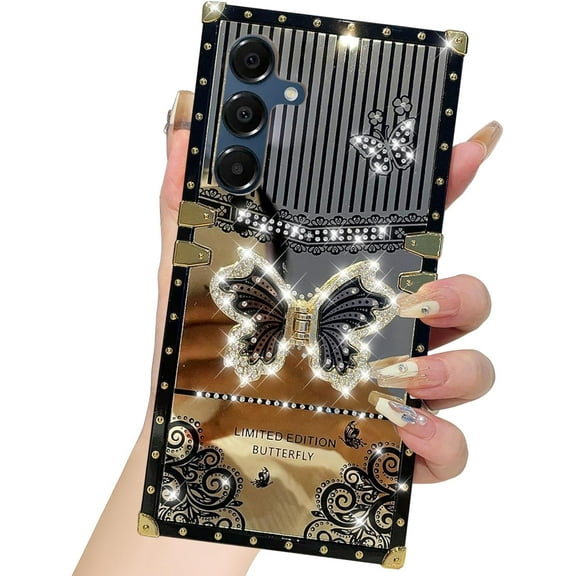 for Samsung Galaxy A16 5G Phone Case Glitter Cute for Girls Women Girly Bling Diamond Butterfly Foldable Kickstand Stand Holder Mirror Case for Galaxy A16 5G, Black