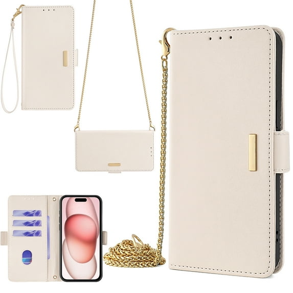 for Samsung Galaxy A16 5G Phone Case with RFID Blocking Card Holder Crossbody Chain + Hand Strap Premium PU Leather Flip Case with Magnetic Clasp Kickstand Wallet Shockproof Phone Case,White