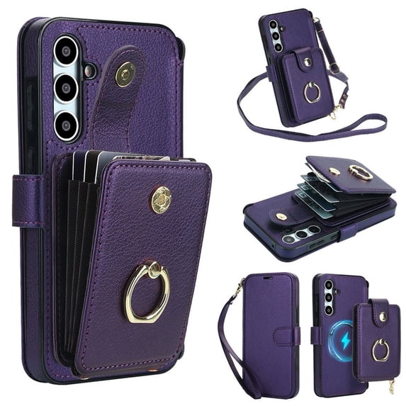 For Samsung Galaxy A16 5G RFID Blocking Accordion Wallet Case Magnetic Flip Cover Multi-Card Slots With Ring Holder Detachable Shoulder Strap And Wrist Strap,Dark purple,For Galaxy A16 5G