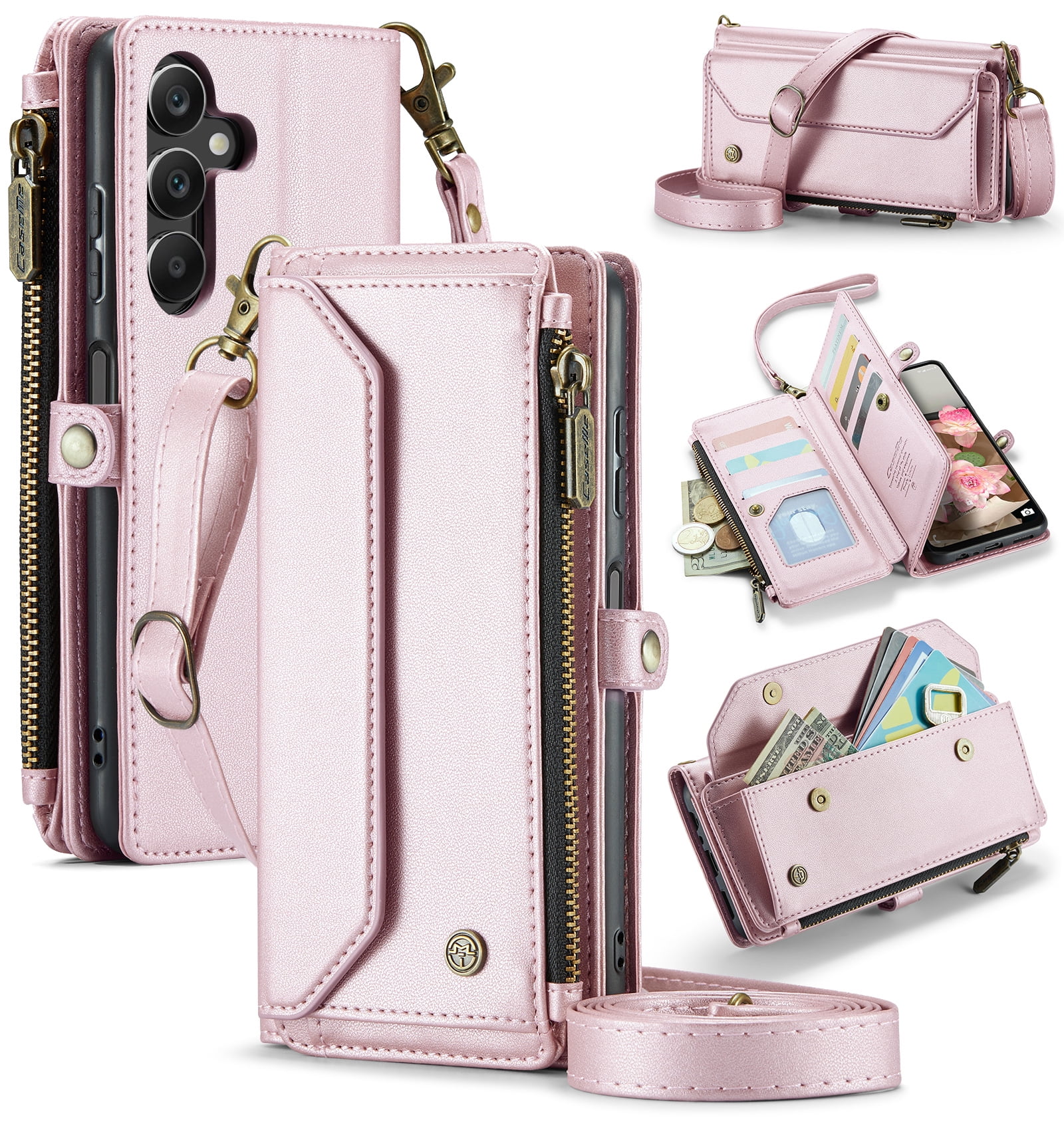 for Samsung Galaxy A16 5G Wallet Case with 10 Card Slots Zipper Pocket,PU Leather Magnetic Flip Folio Wristlet Shoulder Strap 3-in-1 Crossbody Phone Case Wallet for Women Men,Pink