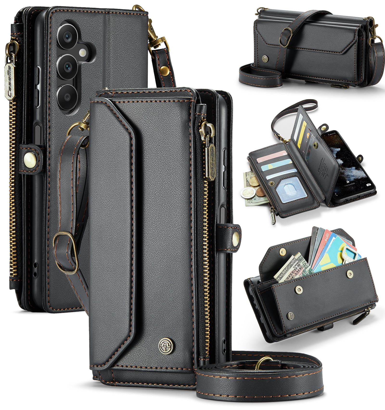 for Samsung Galaxy A16 5G Wallet Case with 10 Card Slots Zipper Pocket,PU Leather Magnetic Flip Folio Wristlet Shoulder Strap 3-in-1 Crossbody Phone Case Wallet for Women Men,Black