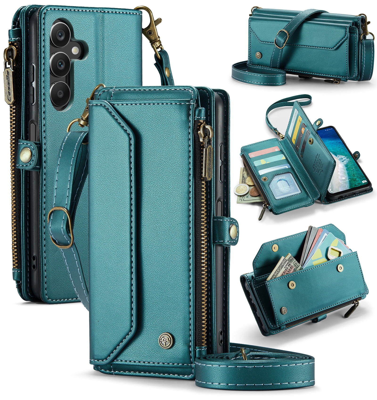 for Samsung Galaxy A16 5G Wallet Case with 10 Card Slots Zipper Pocket,PU Leather Magnetic Flip Folio Wristlet Shoulder Strap 3-in-1 Crossbody Phone Case Wallet for Women Men,Green