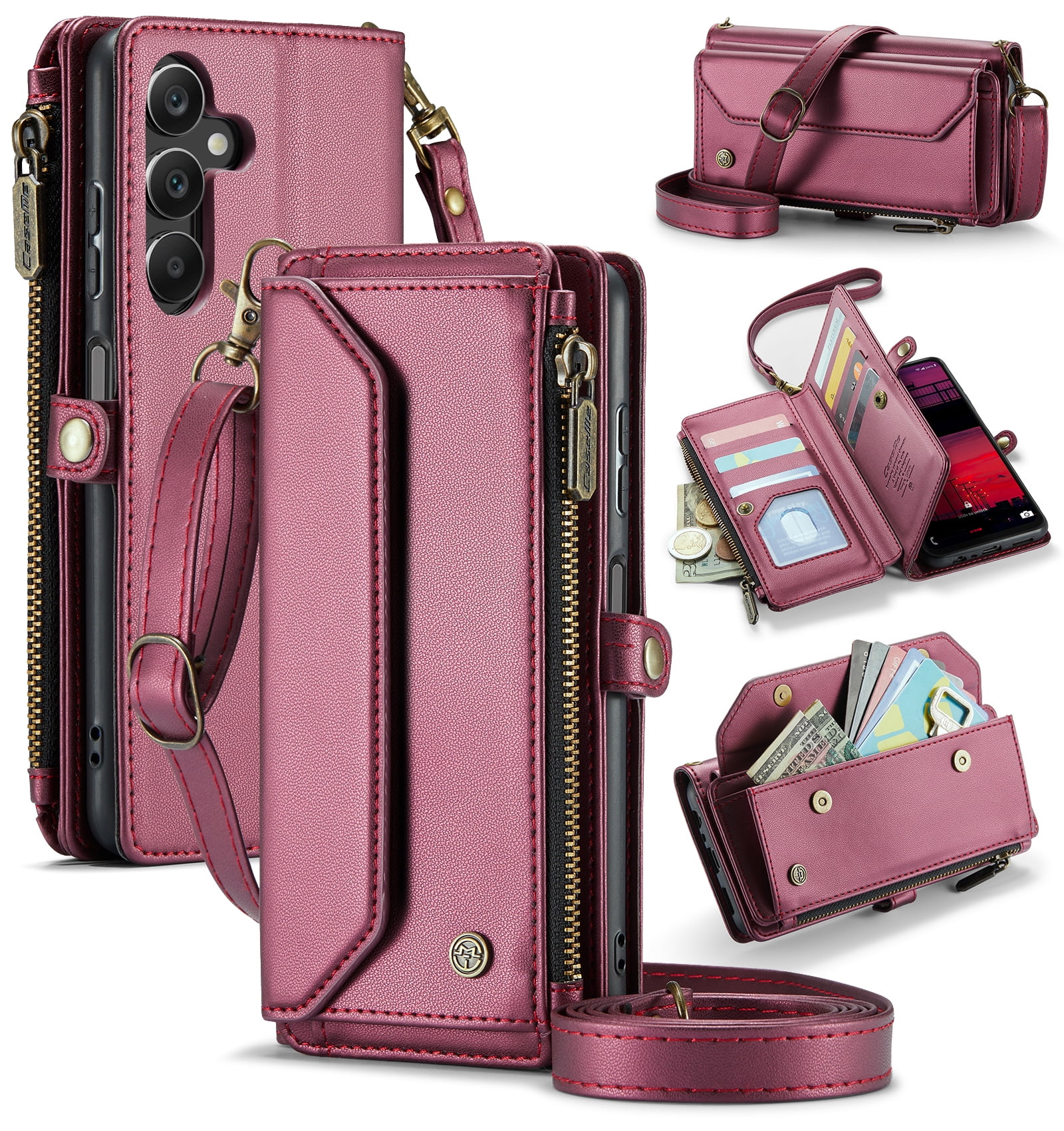 for Samsung Galaxy A16 5G Wallet Case with 10 Card Slots Zipper Pocket,PU Leather Magnetic Flip Folio Wristlet Shoulder Strap 3-in-1 Crossbody Phone Case Wallet for Women Men,Hotpink
