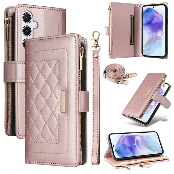 for Samsung Galaxy A16 5G Wallet Case with RFID Blocking Card Holder, Kickstand Feature PU Leather Case with Adjustable Crossbody & Short Lanyard Magnetic Clasp Zipper Pocket Flip Cover,Rosegold