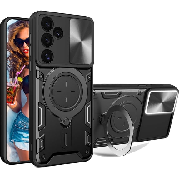 for Samsung Galaxy A16 6.7" Case with Magnetic Ring Kickstand, Rugged Military Grade Shockproof Heavy Duty Case with Slide Camera Lens Cover for Samsung Galaxy A16 JS-Black