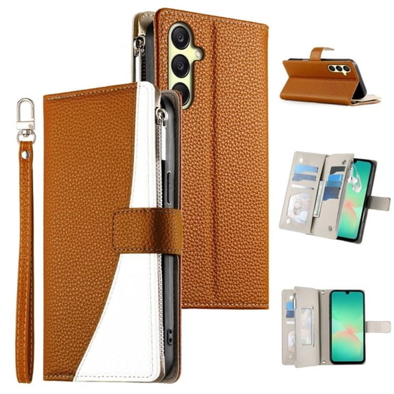 For Samsung Galaxy A16/A17 4G 6.7" Splicing Multi Card Slots/Pocket Zipper Wallet Strong Magnetic Attachment/Closure,  PU Leather Flip Wallet Case With Hanging Rope,Brown,For Galaxy A16/A17(4G)
