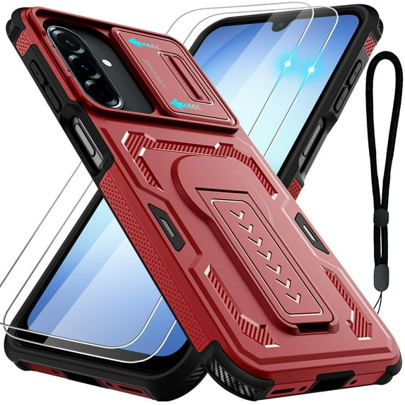 for Samsung Galaxy A16/ A17/ A26-5G Phone Case with 2 Pack Screen Protector, Slide Camera Cover, Kickstand & Lanyard Strap, Military Grade Shockproof Protective Heavy Duty Non-Slip Case, Red