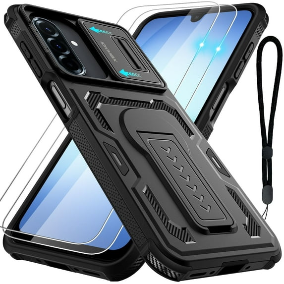 For Samsung Galaxy A16/ A17/ A26-5G Phone Case with 2 Pack Screen Protector, Slide Camera Cover, Kickstand & Lanyard Strap, Military Grade Shockproof Protective Heavy Duty Non-Slip Case, Black