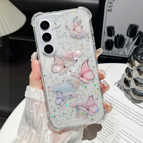 for Samsung Galaxy A16 Glitter Case, Girly Woman Cute Butterfly Pattern Shockproof Protective Soft Flexible TPU Shiny Stars Sparkle Anti-Scratch Bling Phone Cover for A16 5G, Pink Butterfly