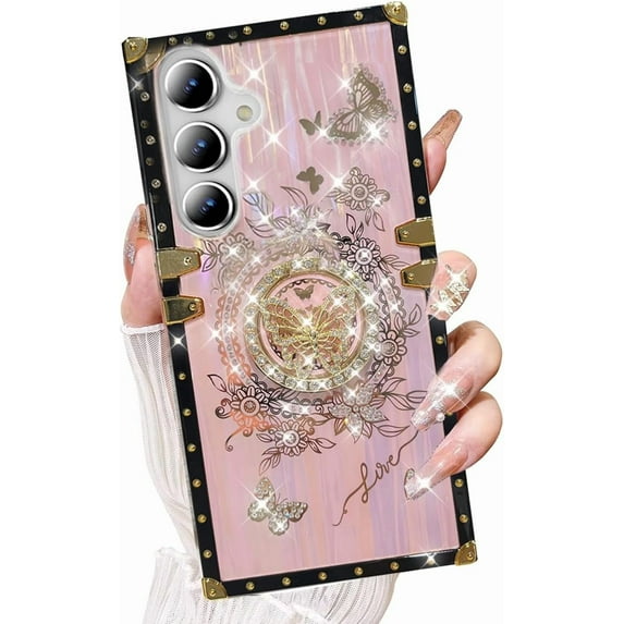 for Samsung Galaxy A16 Kickstand Case, Glitter Luxury Woman Girly Cute Butterfly Ring Holder Foldable Stand Shockproof Floral Pattern Golden Plated Soft TPU Flexible Cover for A16 5G, Pink