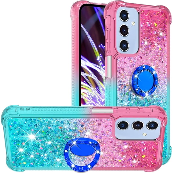 for Samsung Galaxy A16 with Ring Kickstand, Girls Women Bling Cute Glitter Flowing Liquid Floating Sparkle Cover Gradient Quicksand Case for Samsung Galaxy A16. JB-Pink Green