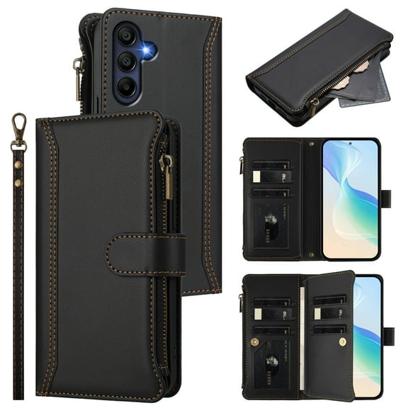 For Samsung Galaxy A16 Wallet Case with Card Holder & Zipper Pocket – PU Leather Magnetic Flip Folio Cover, 9 Card Slots, Kickstand & Wrist Strap | Retro Purse Style Handbag Phone Case,Black
