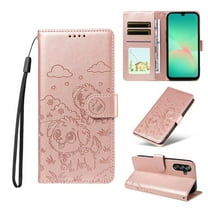 For Samsung Galaxy A17 4G Litter Dog Embossing Leather Phone Case with RFID Blocking Card Slot Wallet Magnetic Clasp Lanyard Flip Stand Case,Pink,For Galaxy A17 4G