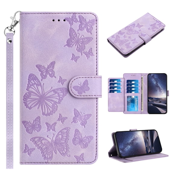 for Samsung Galaxy A17 5G Butterflies Embossed Wallet Case with Wrist Strap - PU Leather Flip Folio Phone Case with 8 Card Holder & 1 Cash Pocket Stand Cute Aesthetic for Women Ladies, Purple