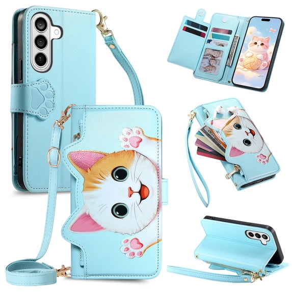 For Samsung Galaxy A17 5G Case Cat Pattern Buckle Zipper Wallet 5-card Flip Wallet Leather With Card Holder Magnetic Closure Phone Cases Cover With Shoulder Strap and Wrist Strap,Blue