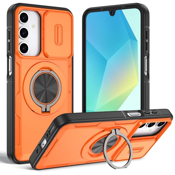 for Samsung Galaxy A17 5G Case with Magnetic Wireless Charging, 360° Rotating Ring Stand Ultra Slim Hybrid Shockproof Protective Men Women Phone Case Sliding Camera Lens Cover, Orange