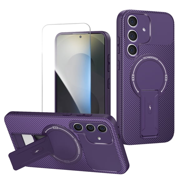 For Samsung Galaxy A17 5G Case with Tempered Glass Screen Protector, Magnetic Cover Compatible with Mag Safe Sleek Carbon Fiber Case for Women Men, Purple