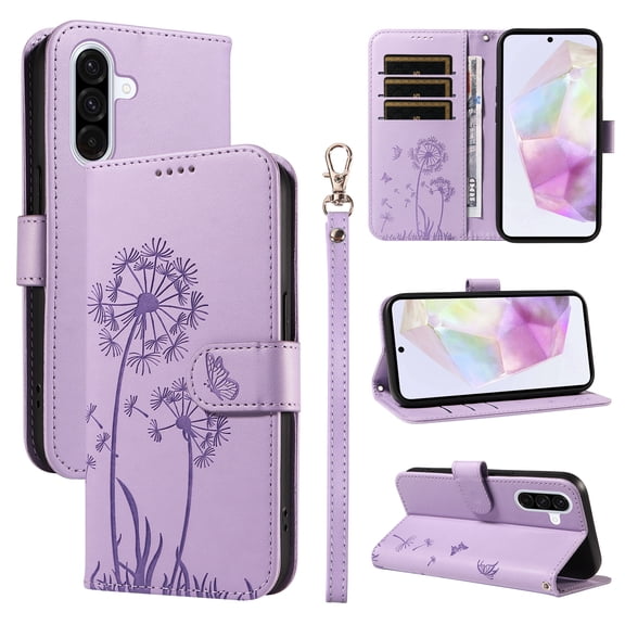 for Samsung Galaxy A17 5G Pattern Wallet Flip Case, Premium PU Leather Card Slots Full Body Protection Wrist Strap Kickstand Non-Slip Shockproof Magnetic Phone Case for Galaxy A17 5G, Purple