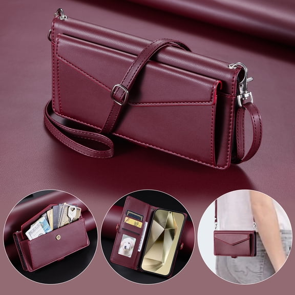 For Samsung Galaxy A17 5G Wallet Case, RFID Blocking Crossybody Shoulder Strap Hand Wrist Flip Cover Carsd Holder Snap Closure Protective Phone Case for Samsung Galaxy A17 5G, Winered