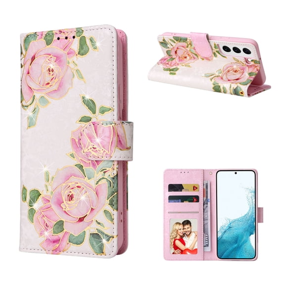 For Samsung Galaxy A17 5G Wallet Case, Stylish Flowers Pattern PU Leather Cover with Wrist Strap & Card Slots, Kickstand Magnetic Closure Shockproof Slim Case for Women Girls, Rose Flower