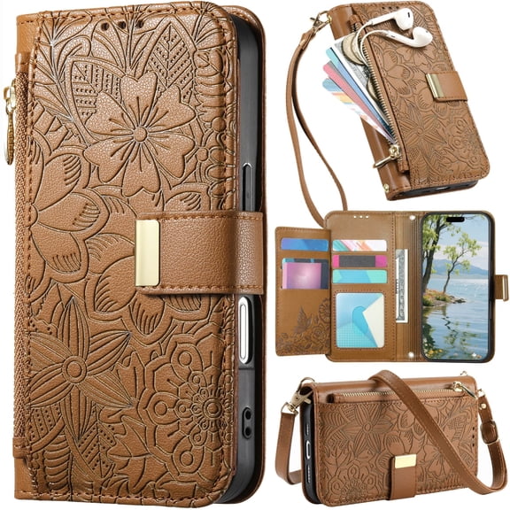 for Samsung Galaxy A17 Leather Phone Case Zipper Wallet Handbag, Embossed Floral Folio Flip Cover Kickstand, 2 Layer Card Slot Cash Holder, Magnetic Buckle, Shoulder Wrist Strap