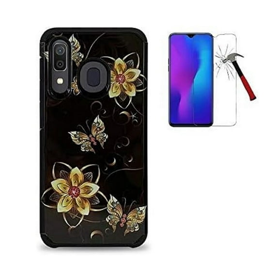 For Samsung Galaxy A20 /A205G / A30 / A50 / A505G / Verizon Galaxy A50 Case, Shockproof Slim Hard Cover Protective Case + Tempered Glass Screen Protector (Black Gold Butterfly)