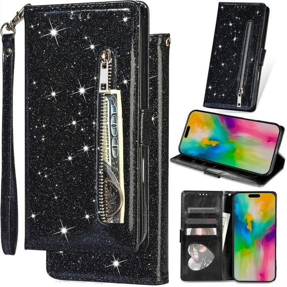 for Samsung Galaxy A20S Bling Patent Leather Phone Case, Sparkly Shiny Glossy Folio Flip Cover Kickstand Wallet Zipper Pocket Pouch, Card Holder Cash Slot, Magnetic Closure, Wrist Strap