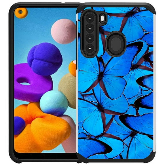 Samsung Galaxy A21 Case - Colorful Design Hybrid Armor Case Shockproof Dual Layer Protective Phone Cover - Blue Butterfly
